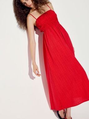 Solai Viscoe And Linen Midi Resort Dress In Red Orange Size Medium